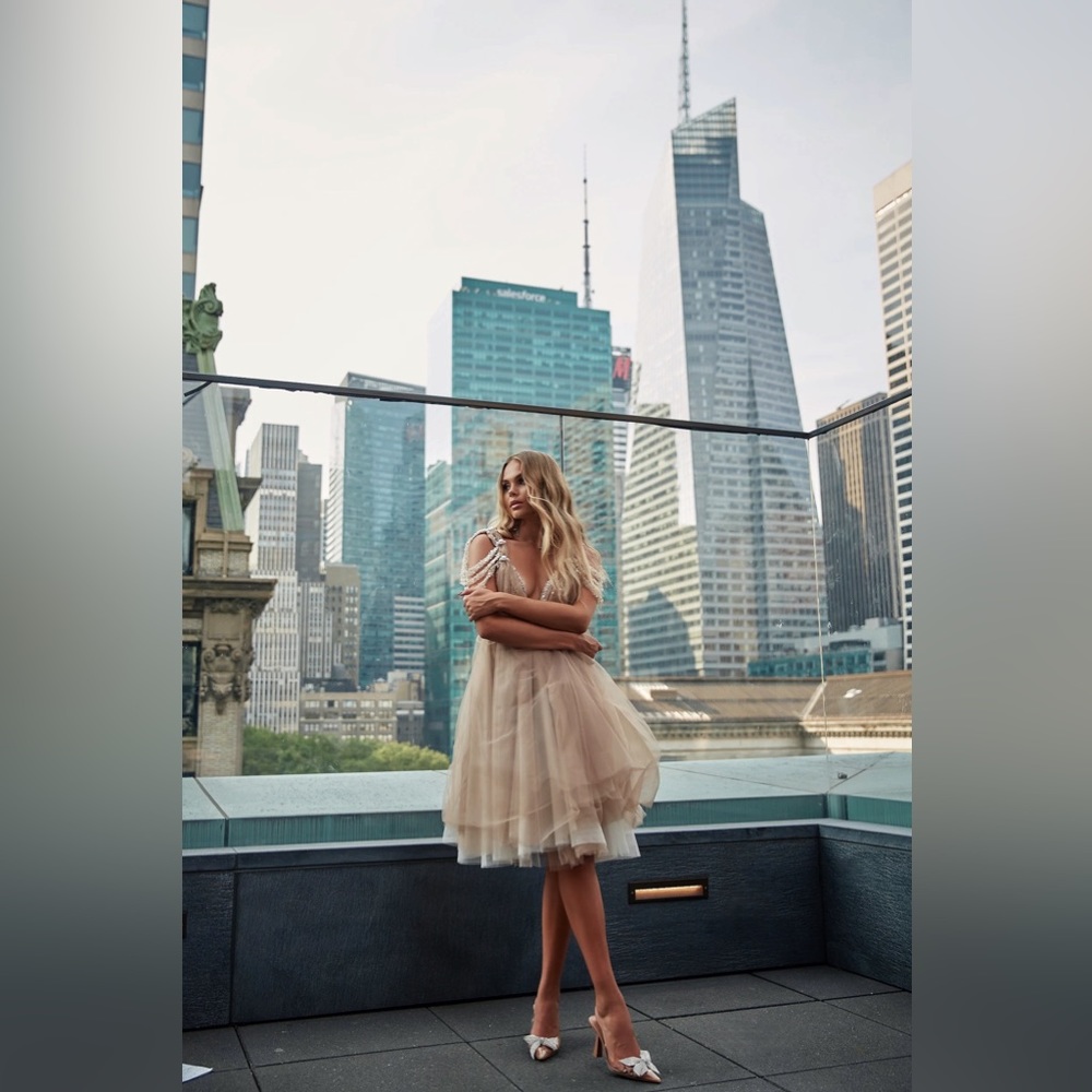 Beige cocktail dress, Beaded evening Midi dress, Airy Party dress,Wedding beige - Picture 9 of 14